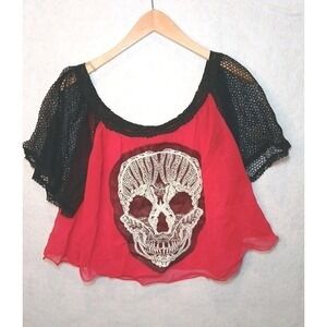 Skull Top Off The Shoulder Crop Blouse Red Whimsigoth Grunge Romantic One Size
